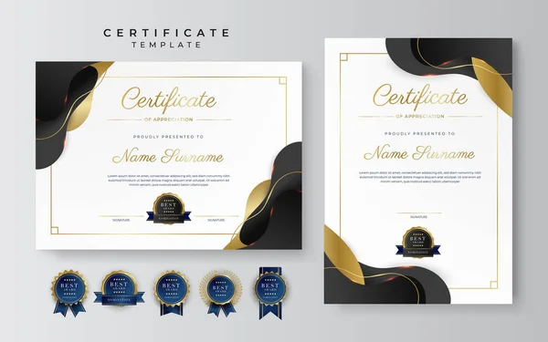 Plantilla Frontera Oro Negro Certificado Logro Con Insignia Lujo Patrón — Archivo Imágenes Vectoriales