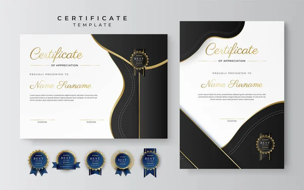 Plantilla Frontera Oro Negro Certificado Logro Con Insignia Lujo Patrón — Archivo Imágenes Vectoriales