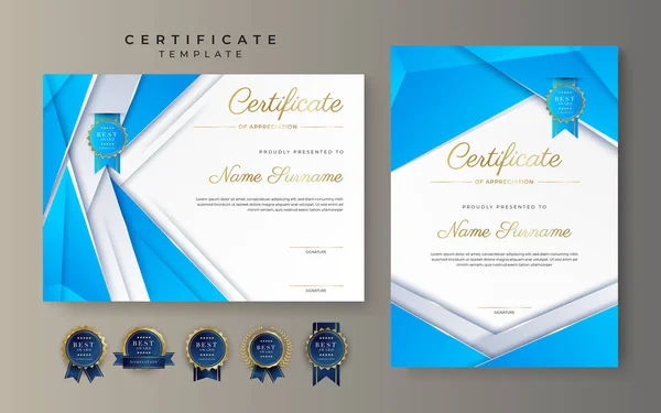 Light Blue Gold Certificate Achievement Border Template Luxury Badge Modern — Stock Vector