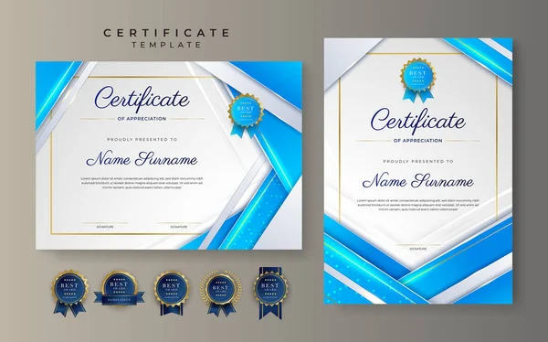 Light Blue Gold Certificate Achievement Border Template Luxury Badge Modern — Stockvector