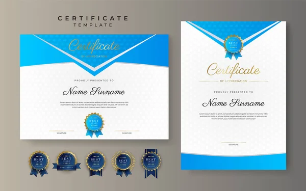 Light Blue Gold Certificate Achievement Border Template Luxury Badge Modern — Stock Vector