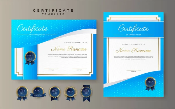 Plantilla Borde Logro Certificado Oro Azul Claro Con Insignia Lujo — Archivo Imágenes Vectoriales