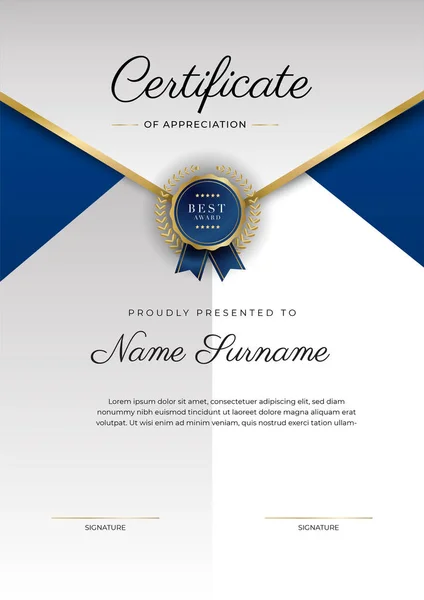 Blue Gold Certificate Achievement Border Template Luxury Badge Modern Line — стоковый вектор