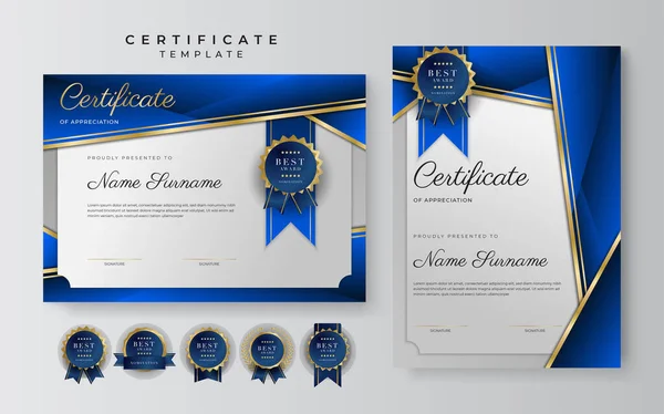Plantilla Borde Azul Dorado Certificado Logro Con Insignia Lujo Patrón — Vector de stock