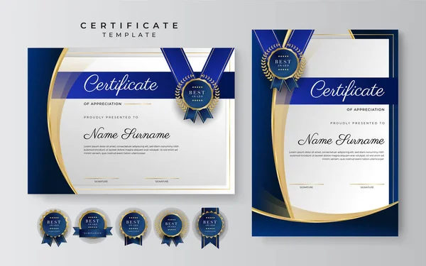 Blue Gold Certificate Achievement Border Template Luxury Badge Modern Line — Vetor de Stock