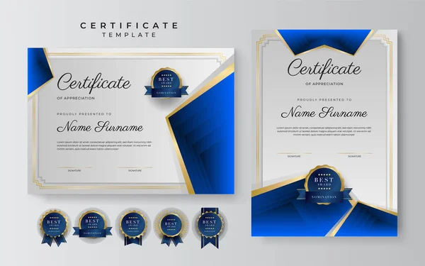 Blue Gold Certificate Achievement Border Template Luxury Badge Modern Line — Stockvektor