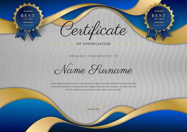 Lüks rozetli ve modern hat desenli mavi ve altın başarı sertifikası. Ödül, iş ve eğitim ihtiyaçları için