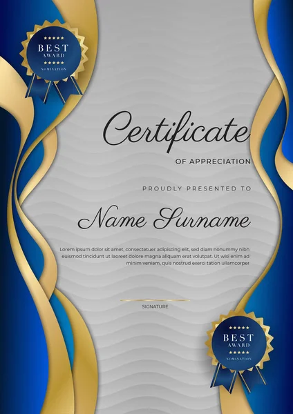 Lüks rozetli ve modern hat desenli mavi ve altın başarı sertifikası. Ödül, iş ve eğitim ihtiyaçları için