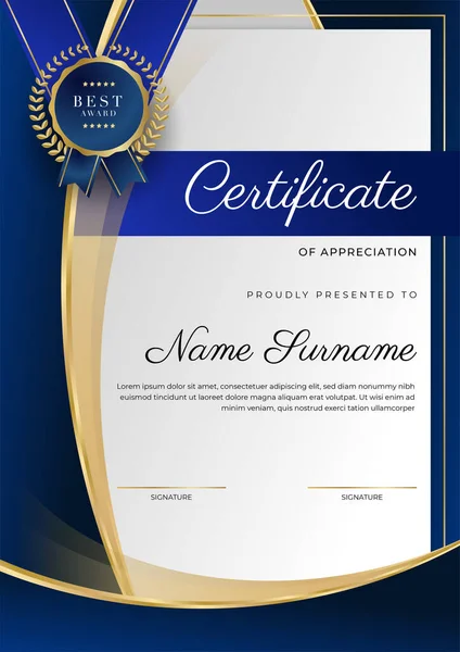 Lüks rozetli ve modern hat desenli mavi ve altın başarı sertifikası. Ödül, iş ve eğitim ihtiyaçları için