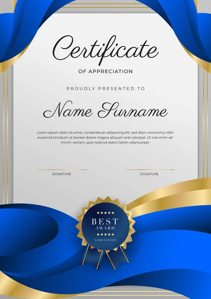 Blue Gold Certificate Achievement Border Template Luxury Badge Modern Line — Stockvector