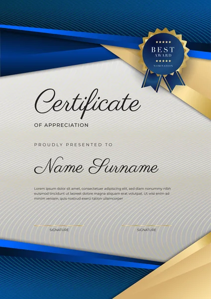 Blue Gold Certificate Achievement Border Template Luxury Badge Modern Line — Stockový vektor