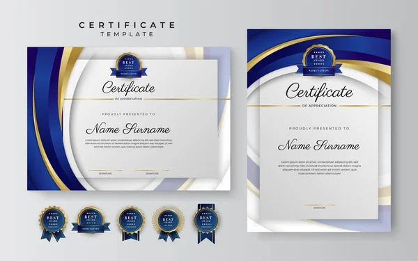 Blue Gold Certificate Achievement Border Template Luxury Badge Modern Line — Stockvektor