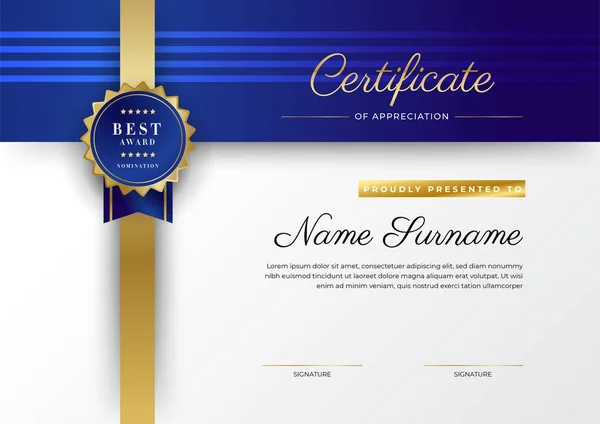 Blue Gold Certificate Achievement Border Template Luxury Badge Modern Line — Stock vektor