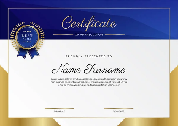 Blue Gold Certificate Achievement Border Template Luxury Badge Modern Line — Archivo Imágenes Vectoriales