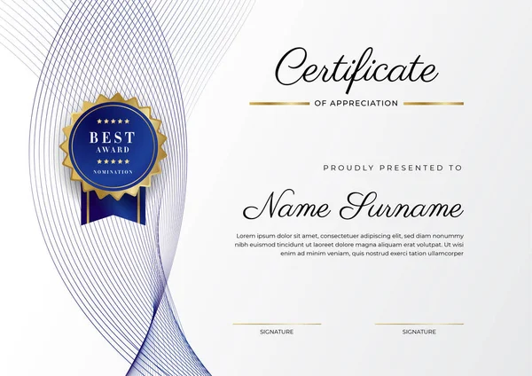 Blue Gold Certificate Achievement Border Template Luxury Badge Modern Line — Stock vektor