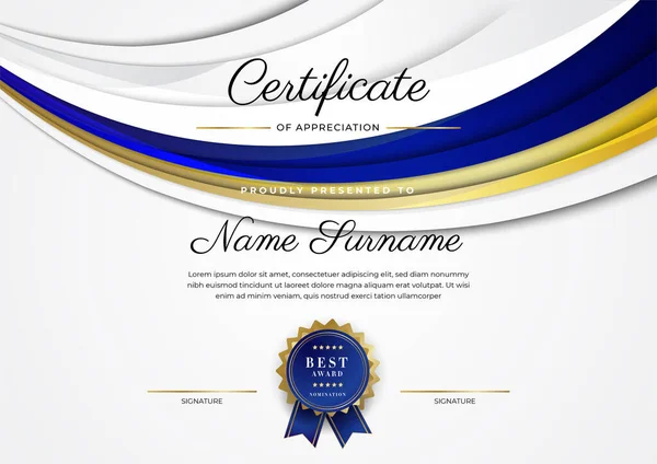 Lüks rozetli ve modern hat desenli mavi ve altın başarı sertifikası. Ödül, iş ve eğitim ihtiyaçları için