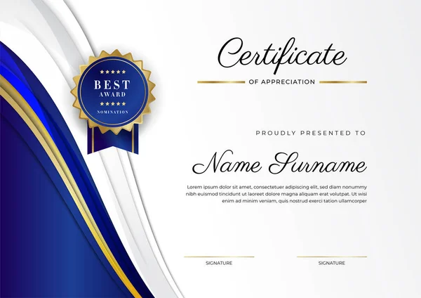 Blue Gold Certificate Achievement Border Template Luxury Badge Modern Line — Stockvektor