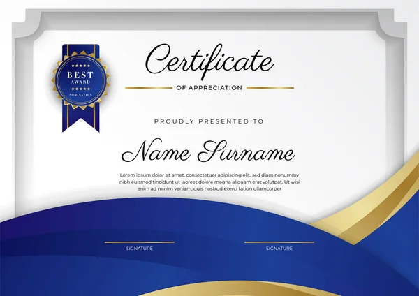 Blauw Goud Certificaat Van Prestatie Border Template Met Luxe Badge — Stockvector