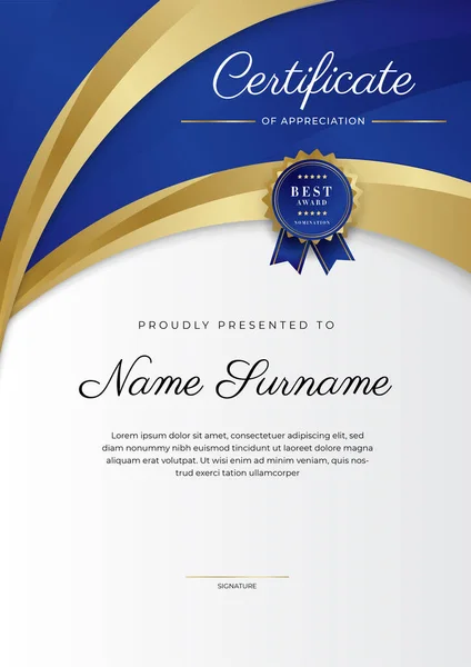 Blue Gold Certificate Achievement Border Template Luxury Badge Modern Line — Stock vektor