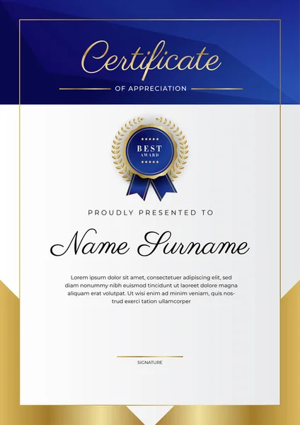 Blue Gold Certificate Achievement Border Template Luxury Badge Modern Line - Stok Vektor