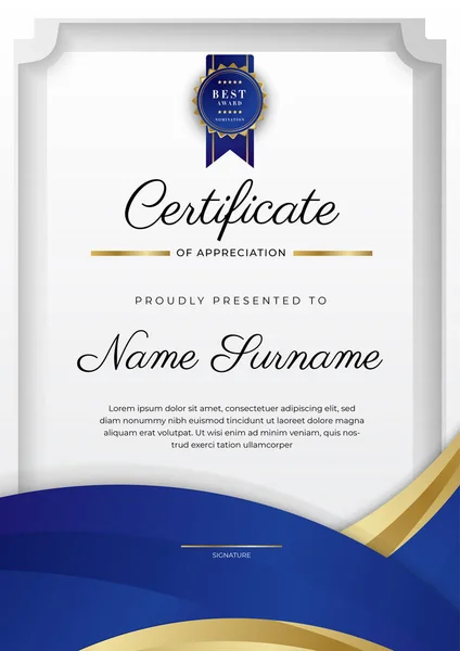 Blue Gold Certificate Achievement Border Template Luxury Badge Modern Line — Stock vektor