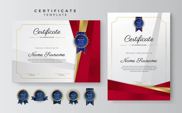 Certificado Rojo Dorado Plantilla Frontera Logro Con Insignia Lujo Patrón — Archivo Imágenes Vectoriales