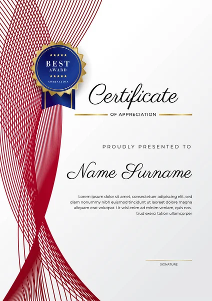 Lüks rozetli ve modern çizgili kırmızı ve altın sertifikalı sınır şablonu. Ödül, iş ve eğitim ihtiyaçları için