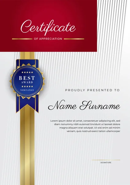Lüks rozetli ve modern çizgili kırmızı ve altın sertifikalı sınır şablonu. Ödül, iş ve eğitim ihtiyaçları için