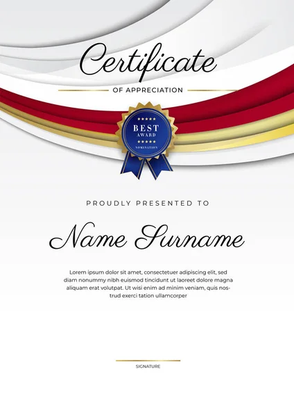 Rood Goud Certificaat Van Prestatie Grens Template Met Luxe Badge — Stockvector