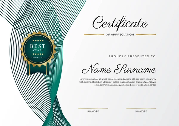 Koyu yeşil siyah ve altın sertifikalı, lüks rozetli ve modern çizgili sınır şablonu. Ödül, iş ve eğitim ihtiyaçları için