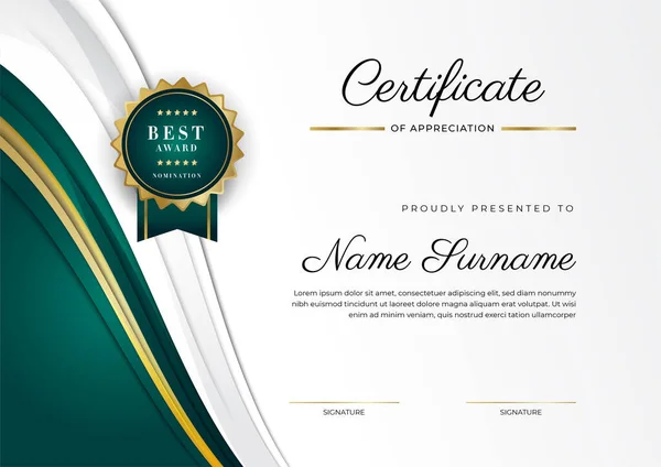 Certificado Preto Dourado Verde Escuro Modelo Fronteira Realização Com Crachá —  Vetores de Stock