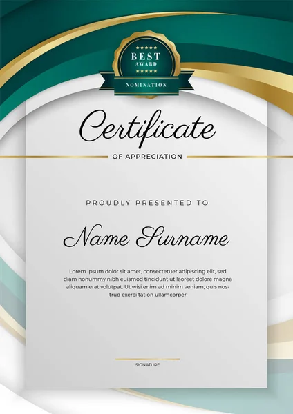 Dark Green Black Gold Certificate Achievement Border Template Luxury Badge — Stockvector