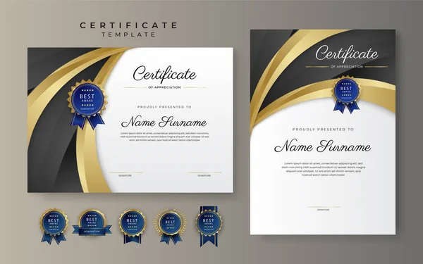 Zlatý Černý Certifikát Dosažení Hranice Šablony Luxusním Odznakem Moderní Linie — Stockový vektor