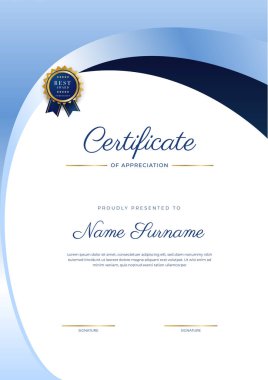 Lüks rozetli ve modern hat desenli mavi ve altın başarı sertifikası. Ödül, iş ve eğitim ihtiyaçları için