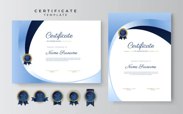 Modèle Frontière Certificat Réussite Bleu Avec Badge Luxe Motif Ligne — Image vectorielle