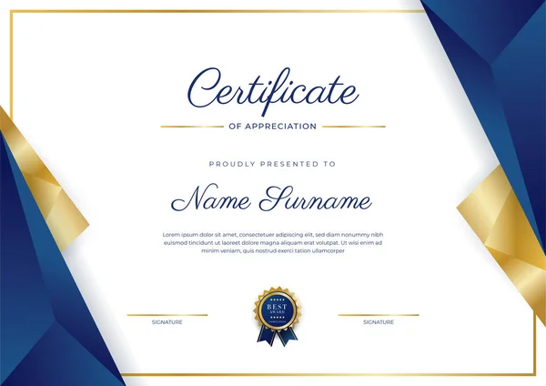 Blue Gold Certificate Achievement Border Template Luxury Badge Modern Line — Stockový vektor