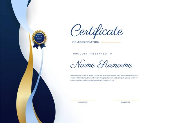 Blauw Goud Certificaat Van Prestatie Border Template Met Luxe Badge — Stockvector