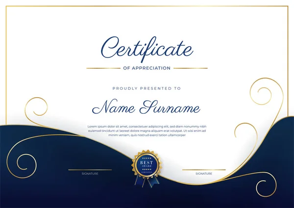 Blue Gold Certificate Achievement Border Template Luxury Badge Modern Line — Wektor stockowy