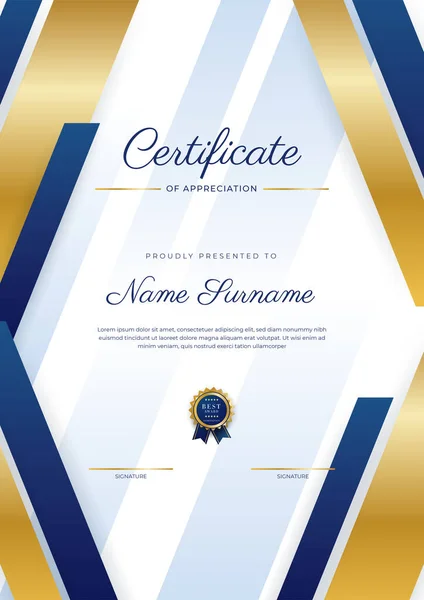 Blauw Goud Certificaat Van Prestatie Border Template Met Luxe Badge — Stockvector