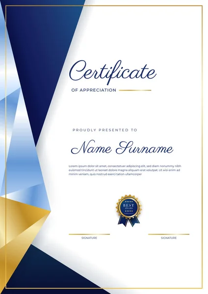 Modrý Zlatý Certifikát Dosažení Hranice Šablony Luxusním Odznakem Moderní Linie — Stockový vektor