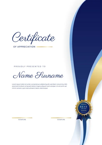 Plantilla Borde Azul Dorado Certificado Logro Con Insignia Lujo Patrón — Vector de stock