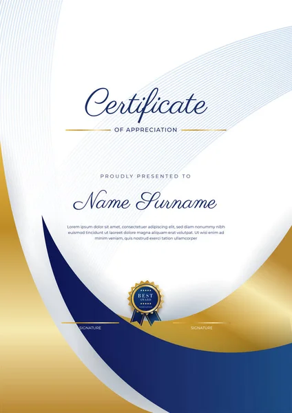 Blauw Goud Certificaat Van Prestatie Border Template Met Luxe Badge — Stockvector