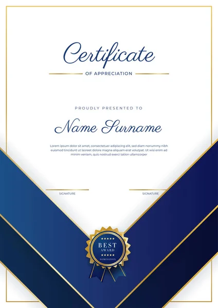 Certificato Blu Oro Del Modello Bordo Realizzazione Con Distintivo Lusso — Vettoriale Stock