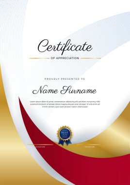 Kırmızı ve altın renkli takdir şablonu sertifikası, rozet tasarımı ile çok amaçlı sertifika sınırı. Zarif kırmızı ve altın sertifika şablonu