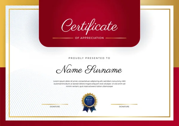 Luxury Certificate Appreciation Template Red Gold Color Multipurpose Certificate Border — Stock Vector