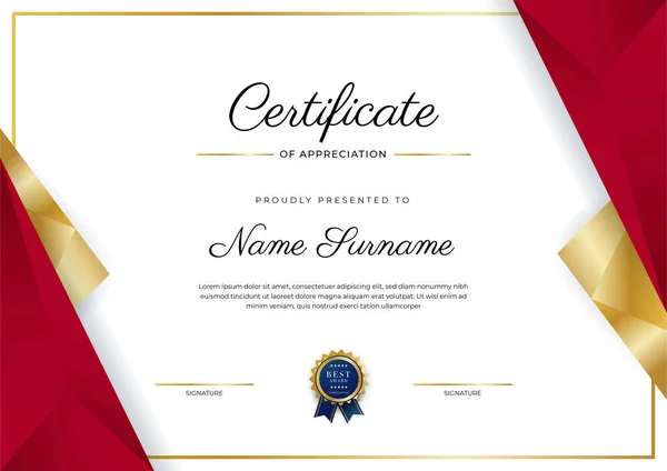 Plantilla Apreciación Certificado Lujo Con Color Rojo Dorado Borde Certificado — Vector de stock