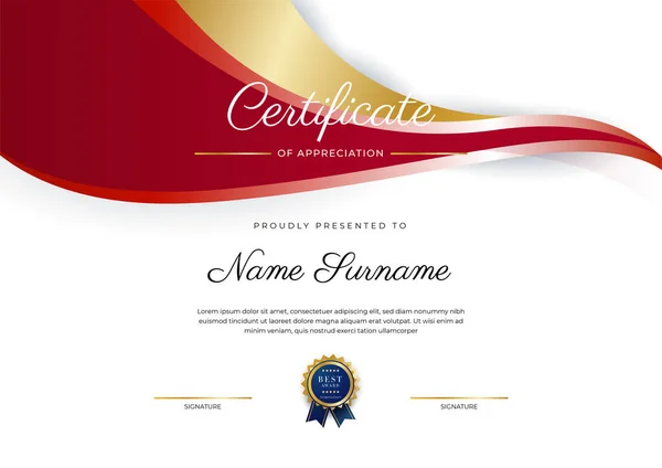 Certificado Luxo Modelo Apreciação Com Cor Vermelha Dourada Borda Certificado — Vetor de Stock