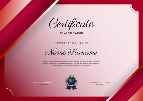 Luxusní Certifikát Ocenění Šablony Červenou Zlatou Barvou Víceúčelový Okraj Certifikátu — Stockový vektor