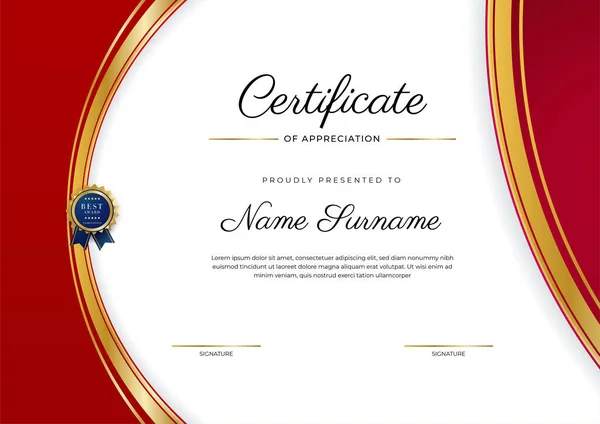 Luxury Certificate Appreciation Template Red Gold Color Multipurpose Certificate Border — Stock Vector