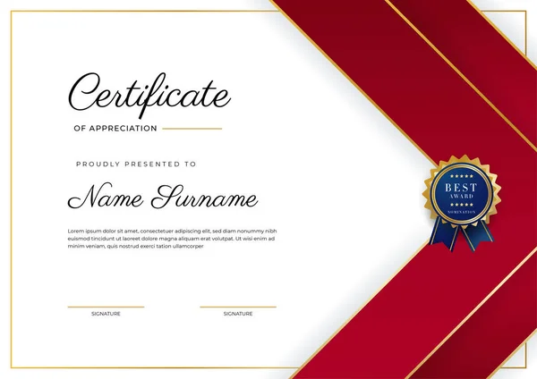 Luxury Certificate Appreciation Template Red Gold Color Multipurpose Certificate Border — Stock Vector